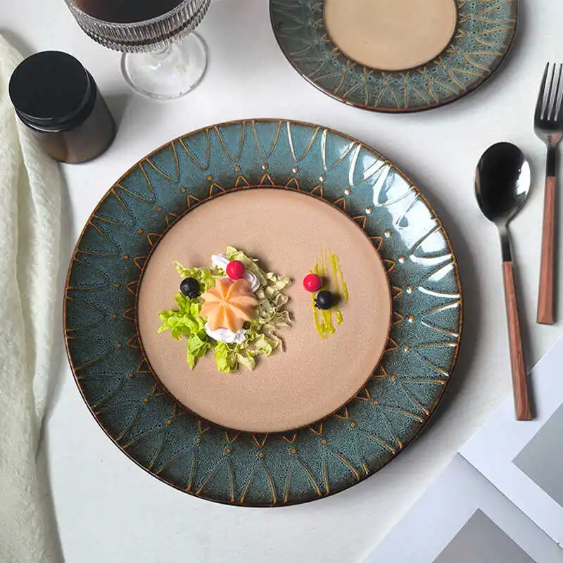 

Retro Cerc Plate Creative Western Steak Plate Home Use Dinnerware eeni-Brown Relief Personalized Display Plate Minor D...