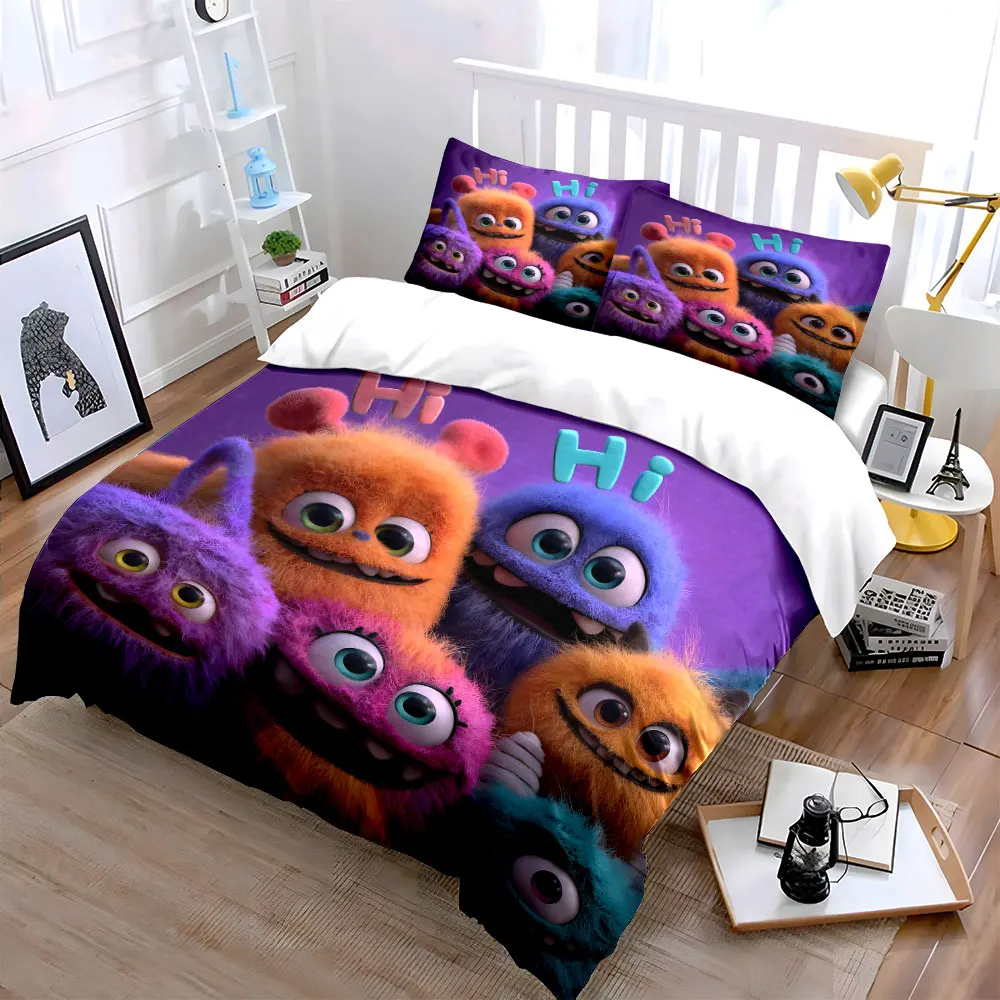 Furry cute monsters smiling together Duvet Cover Set with 3D Printing Design Soft Polyester Bedding Set All-Season Comfort