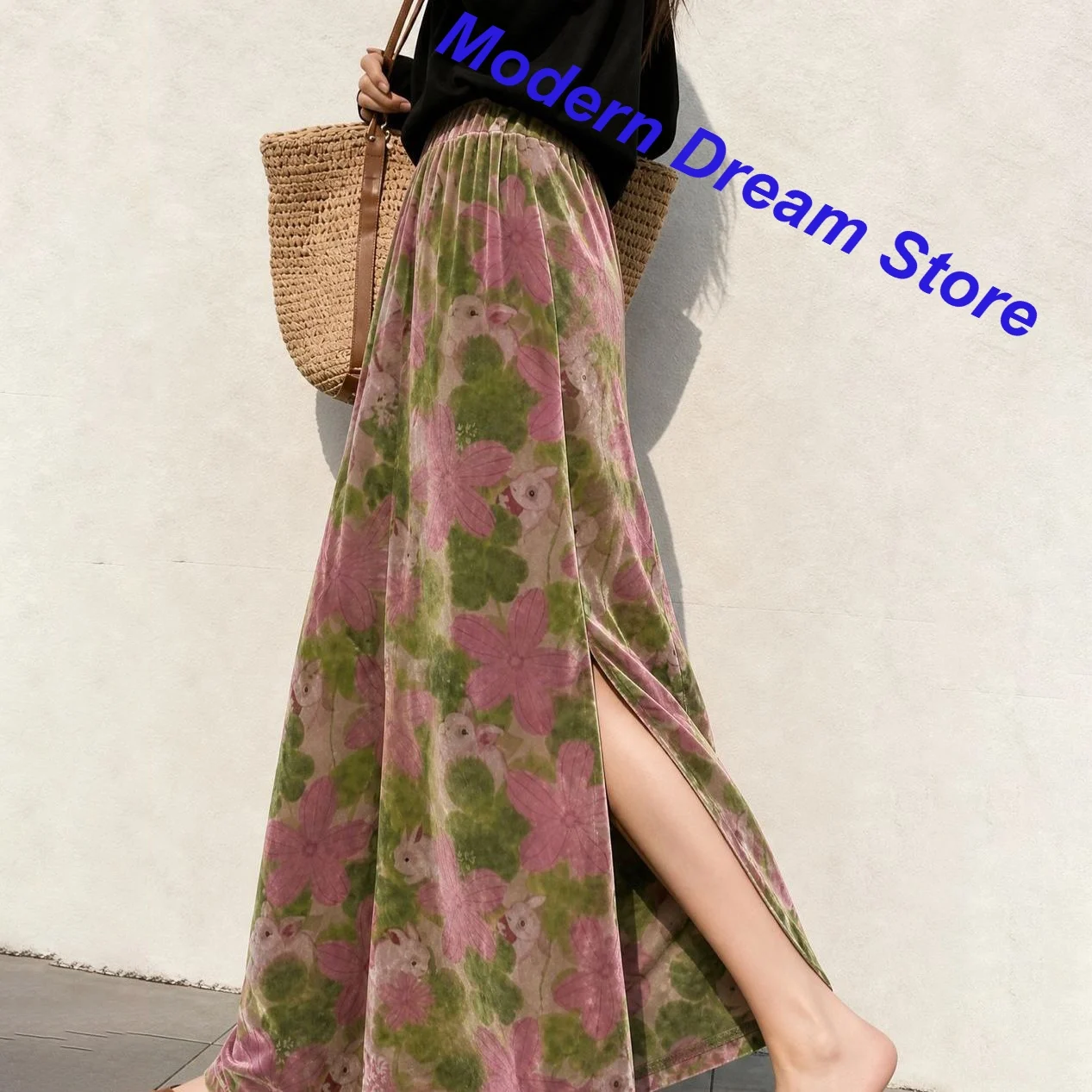 Chinese Temperament Pink Flower Velvet Beautiful Skirt Female Autumn and Winter New Fashion Retro High Waist Split Printed Skirt