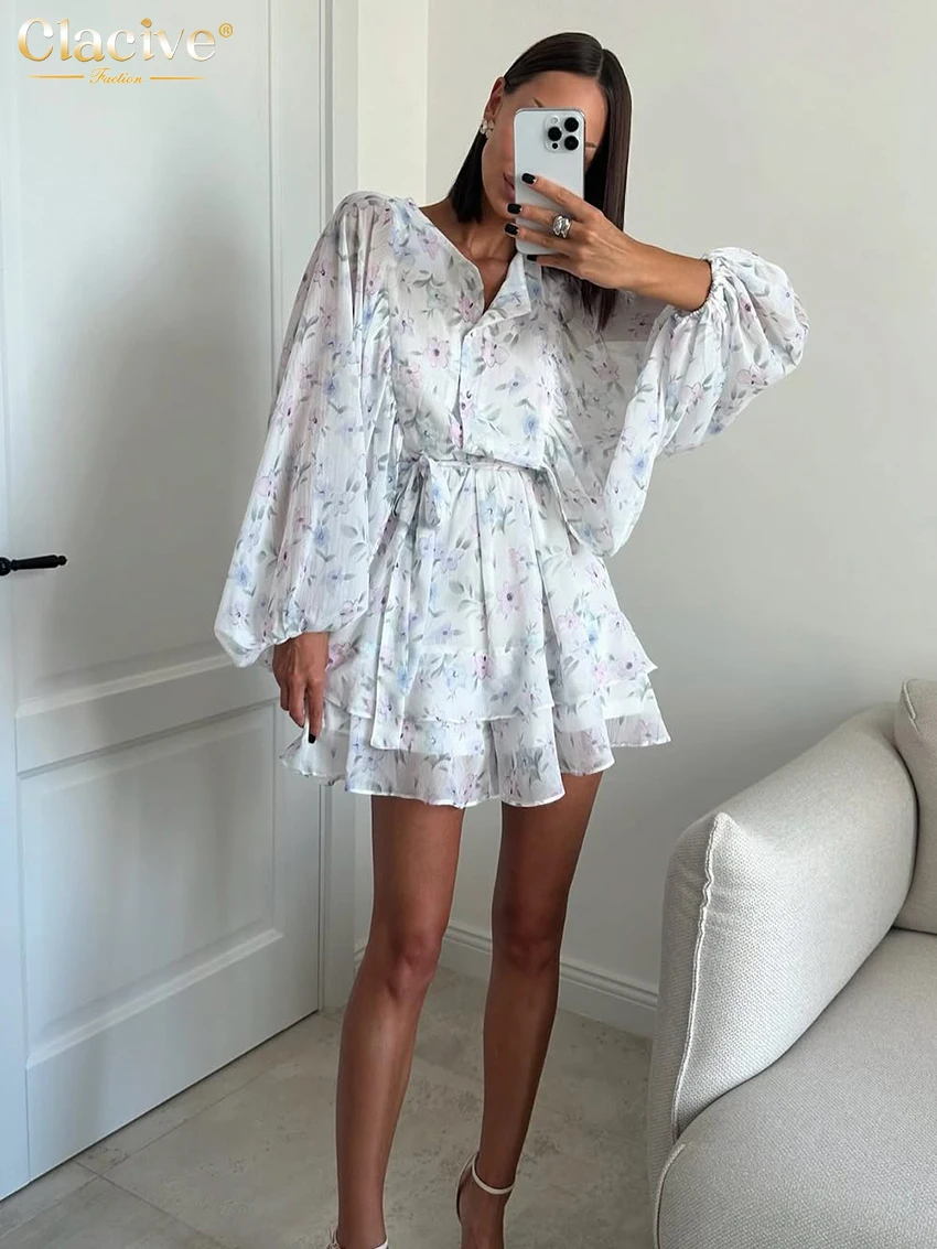 Clacive Fashion Loose Print Women's Dress 2025 Casual O-Neck Long Sleeve Mini Dresses Lady Elegant Lace-Up Pleated Female Dress