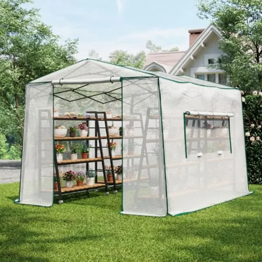 11.5x8.5x7.4 Feet Walk-in Greenhouse, Portable Plant Hot House with Zipper Windows and Doors, Heavy-Duty PE Cover and Steel Fra