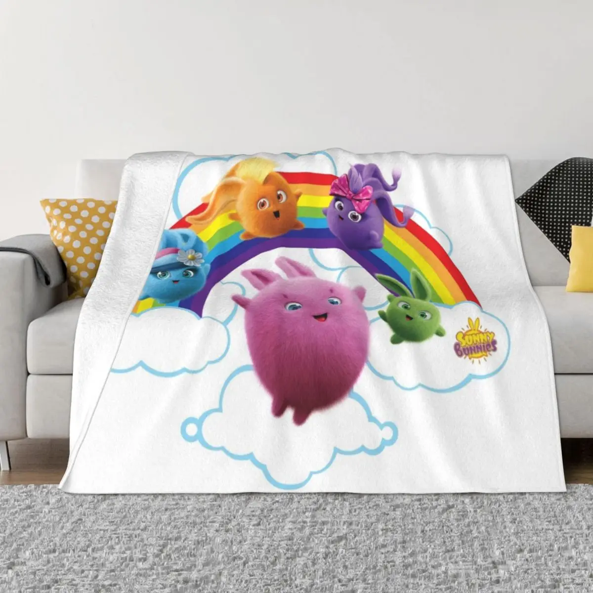 

Sunny Bunnies - Rainbow Bunnies Throw Blanket Fluffy Shaggy Blanket Summer Bedding Blankets