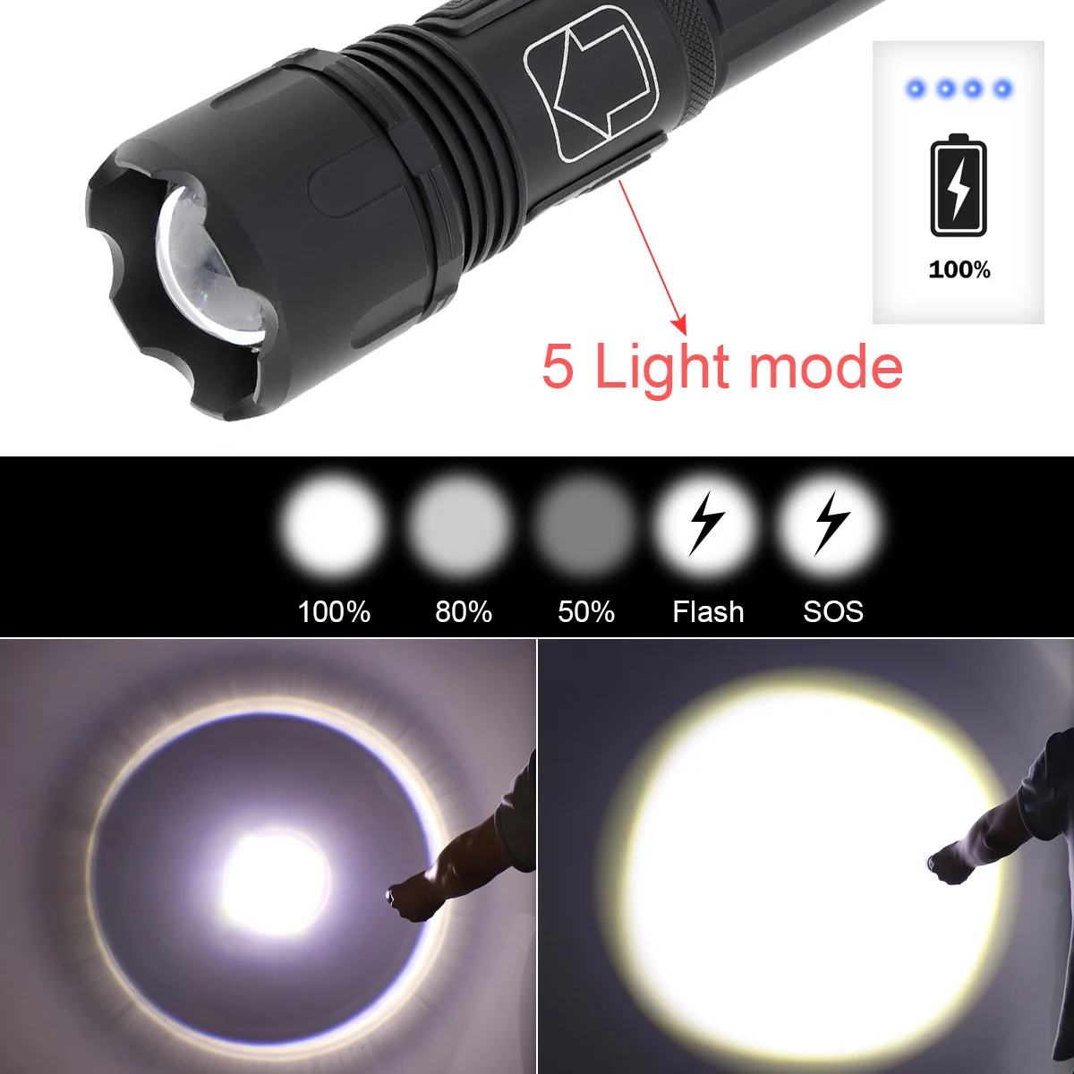 SecurityIng Powerful Hunting Flashlight Zoomable P50 LED Tactical Flashlight Lamp USB Rechargeable 5 Modes Outdoor Torch Light