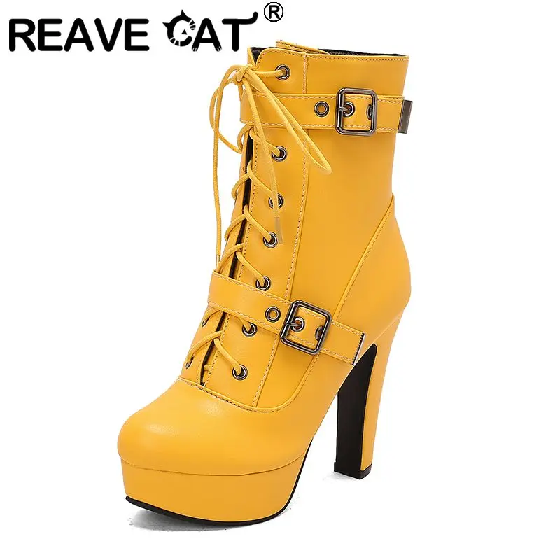 

REAVE CAT Design Женские ботильоны с круглым носком на блочном каблуке 12 см на платформе 3,5 см на молнии с кружевной застежкой Большие размеры 48 49 50 US18