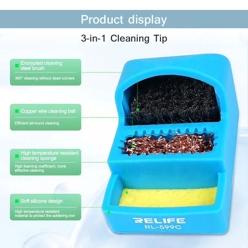 RELIFE RL-599C 3-in-1 Soldering Iron Tip Cleaner High Temperature Resistant Mini Multifunctional Tin Removal Box