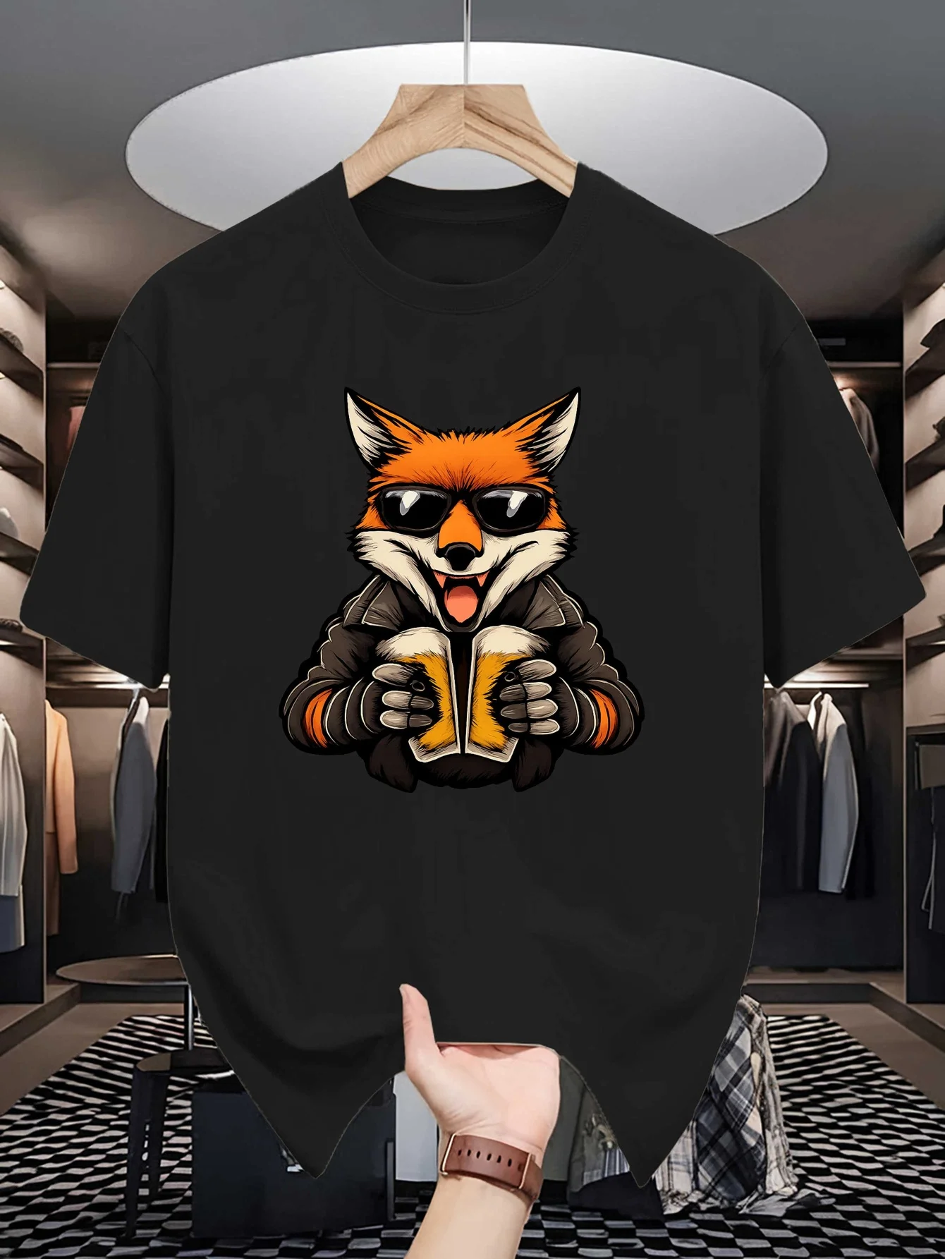 Fox Beer Mug Cartoon Graphic Mens Crew Neck T Shirt Cool Sunglasses Biker Animal Print Short Sleeve Casual Cotton Daily Tops