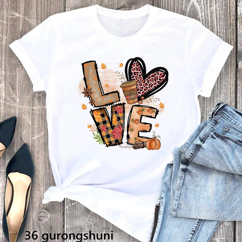 

Leopard Love Coffee Letter Print T Shirt Girls Autumn Thanksgiving Gift Tshirt Femme Harajuku Shirt Fashion Female T-Shirt