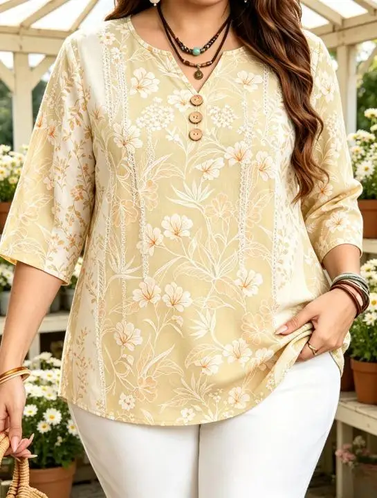 Women 3/4 Sleeve V‑Neck Blouse Vintage Botanical Floral Leaf Ornament Print Casual Ladies Daily Wear Tops