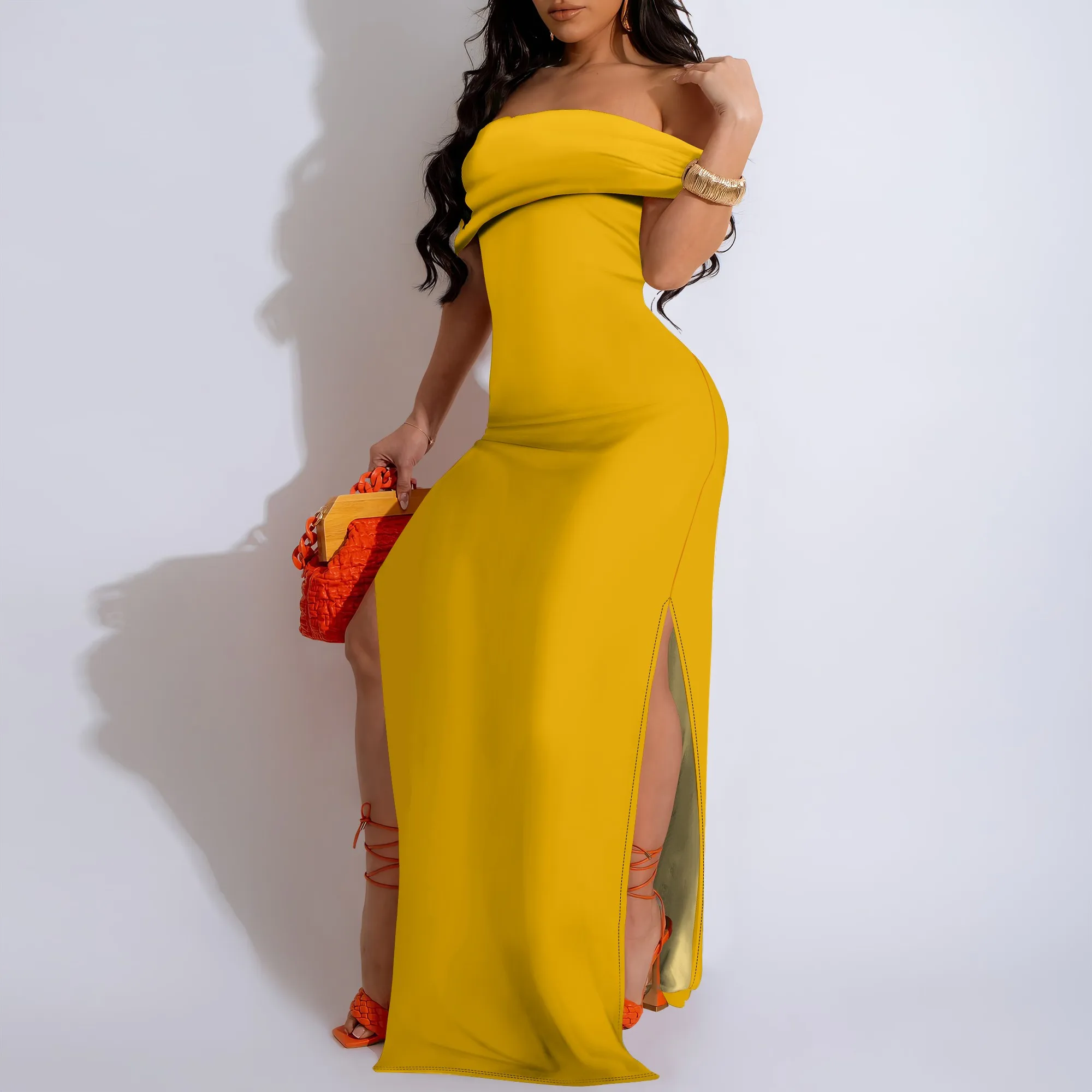 Robe longue moulante Sexy pour femmes, épaules dénudées, élégante, fente haute, robe de soirée en boîte de nuit