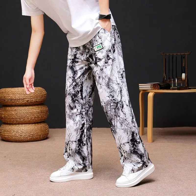 2026 Summer Men's Ice Silk Floral Pants Loose High Elastic Wide Leg Straight Trousers Casual Printed Streetwear Moisture Wicking