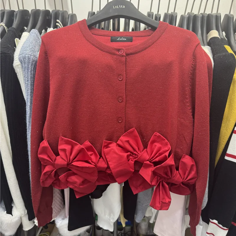 

Korean Style Knot Short Sleeve Long Knitted Cardigan round Neck Heavy Work Sweet Female Outerwear for Autumn Winter