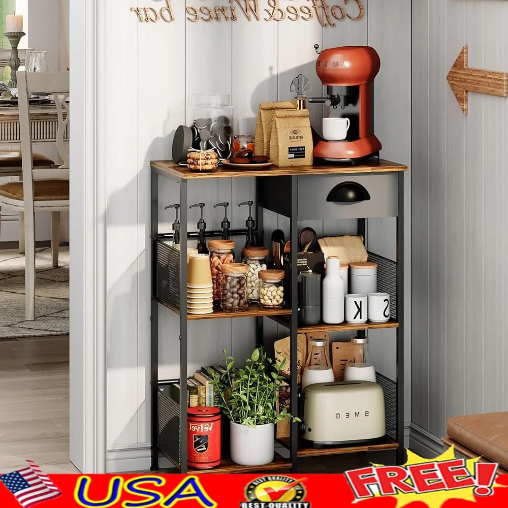 5-Tier Coffee Bar Stand with Drawer Rustic Kitchen Storage Compact Microwave Rack Space Saver