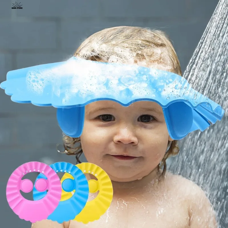 Kids Protection Shower Cap Solid Color Buckle Style Bathing Waterproof Ear Protection Adjustable Baby Hair Wash Hat Head Cover