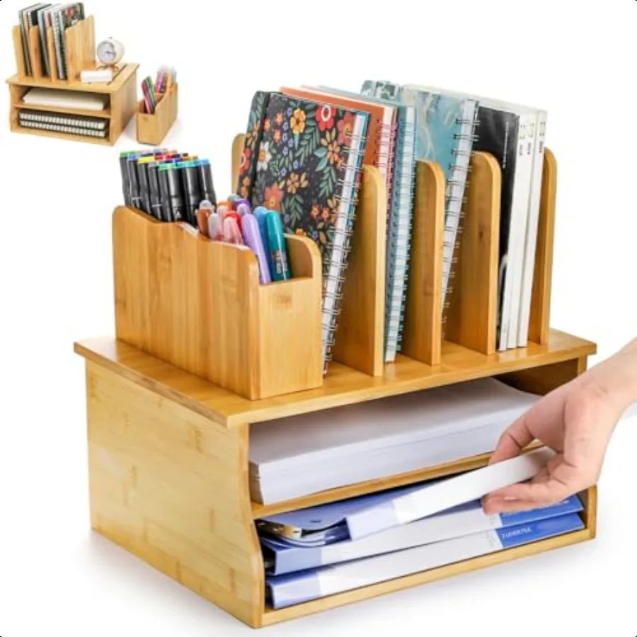 

Bamboo Desk Organizer with File Holder 3 Tier Office Desktop Organizers with Adjustable Pen Cup 13 Letter Paper Tray Storage Cu