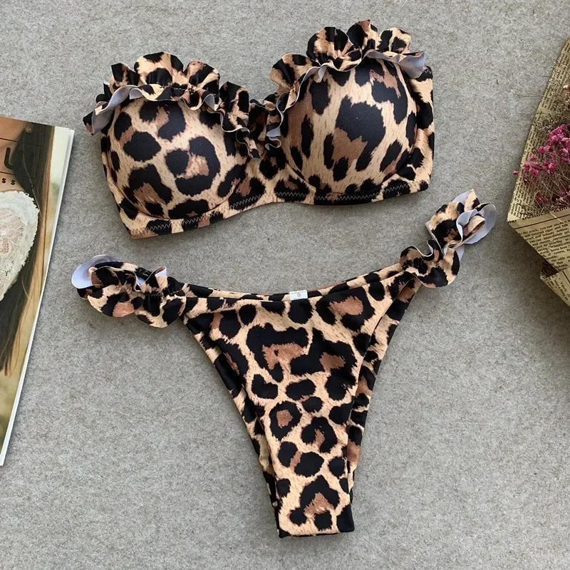 Leopard Print Ruffled Edge Swimwear Bandeau Push Up Bikini Sets Sexy Swimsuit Women Micro Thong Bathing Suit Bikini 2024 Mujer