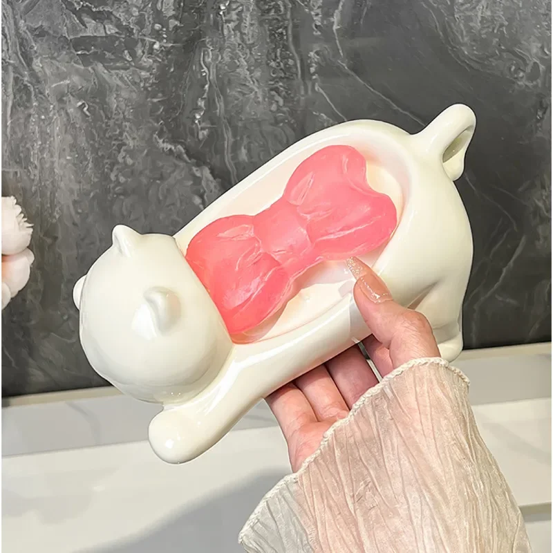 Playful Cat Soap Dish Ceramic Soap Drainage Holder Multi-Hole Draining Tray Thickened Enlarged Design Fun Bathroom Decor