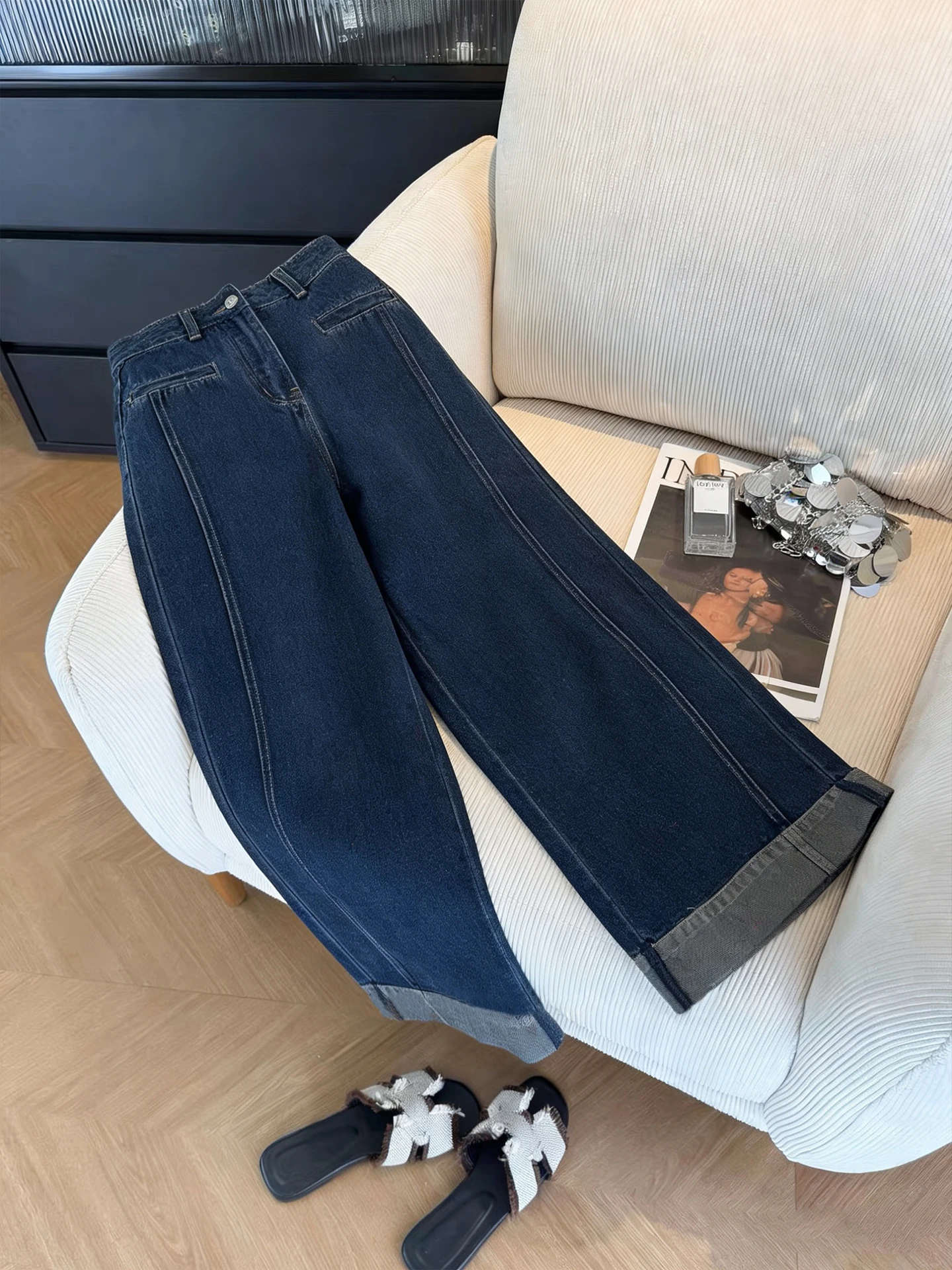 

Ретро-джинсы американского стиля, темно-синие, с высокой талией, свободного кроя, женские, весна-осень, в корейском стиле, модные, универсальные, широкие брюки с эффектом стройности