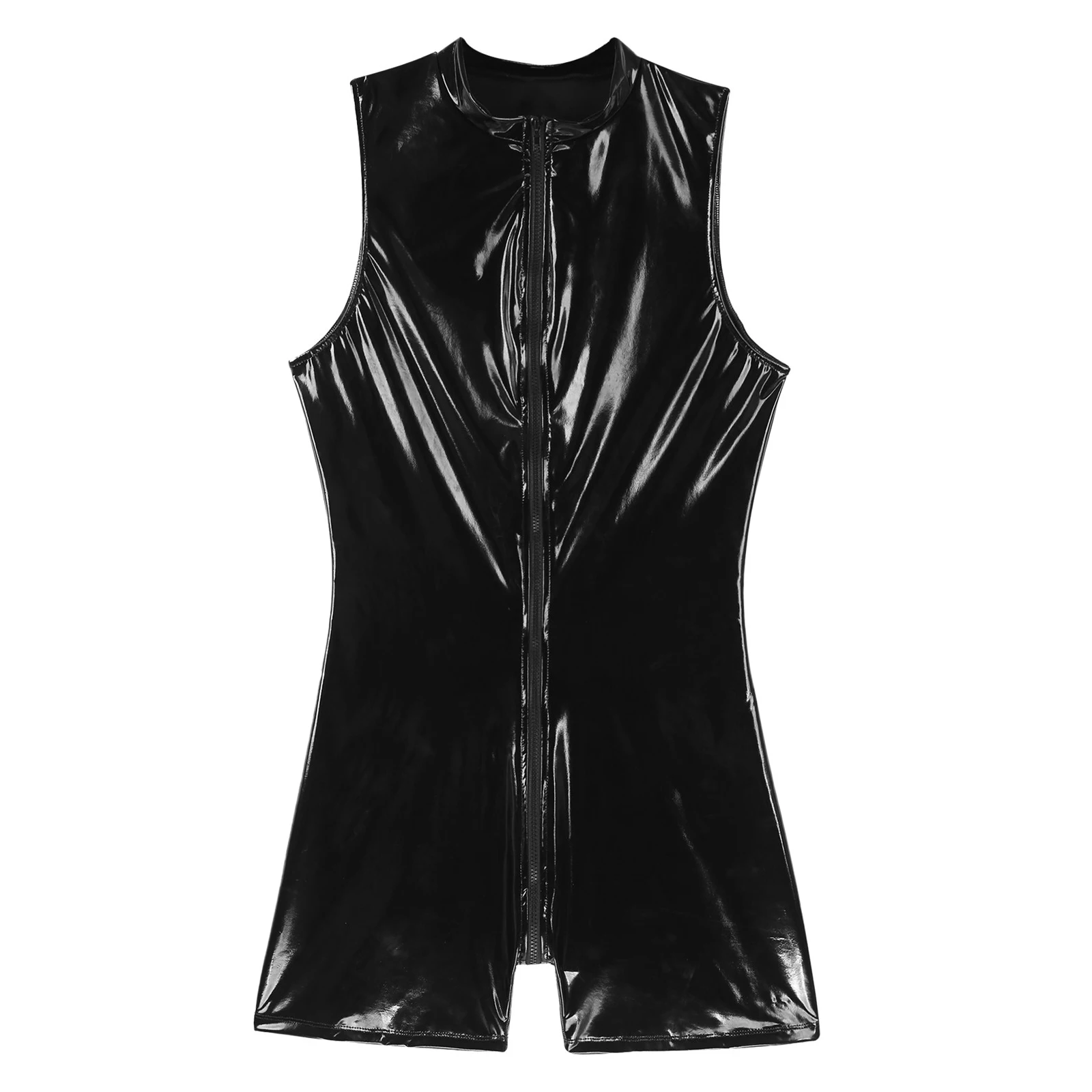 Mens Wet Look Patent Leather Jumpsuits Sleeveless Zipper Bodysuit Lingeire Hommes Unitard for Club Pole Dancing Costume Clubwear