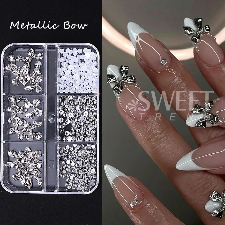 Nail Art Decoration for Manucure, 6 Grids, Y2K Mirror Bow, Metallic Silver Ruban, Bowvétérans t Pearl, Semi-comprendre, Flatback Beads, Jewelry Parts