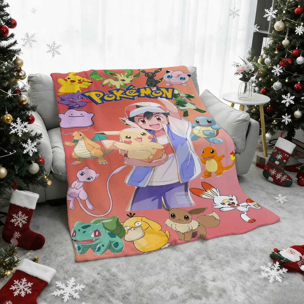 Pokemon Ash Pikachu Eevee Mew Bulbasaur Charmander Squirtle Gengar Psyduck Flannel Throw Blanket Soft Warm Sofa Bed Blanket Home