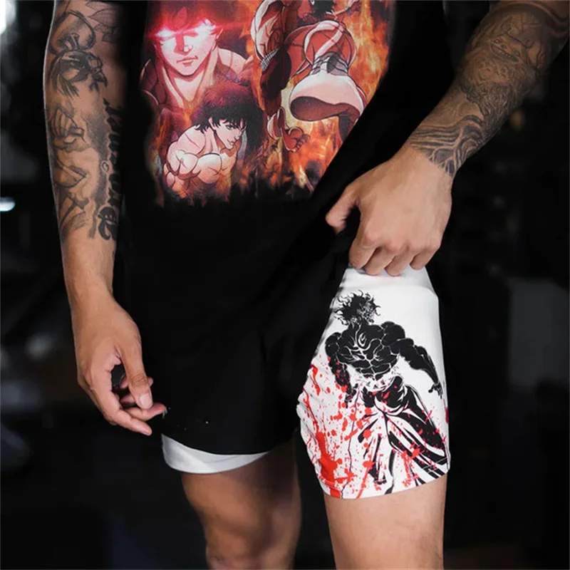 Baki Hanma Anime pantalones cortos de entrenamiento para gimnasio para hombres, pantalones cortos de compresión atléticos 2 en 1, ropa deportiva transpirable, entrenamiento de Fitness, correr