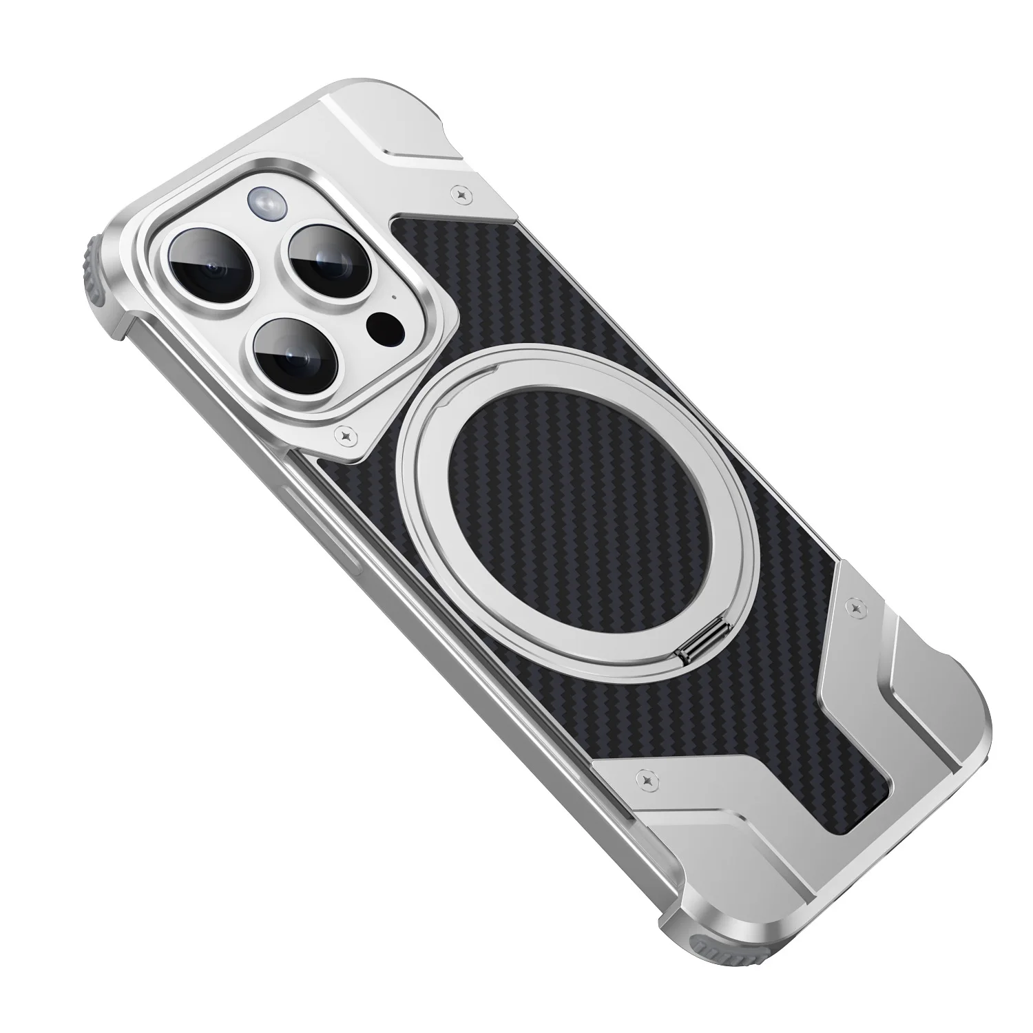 For carbon fiber Apple 13/14/15/16 phone case metal magnetic stand Samsung Infinity armor dumb black carbon fiber infinity armor