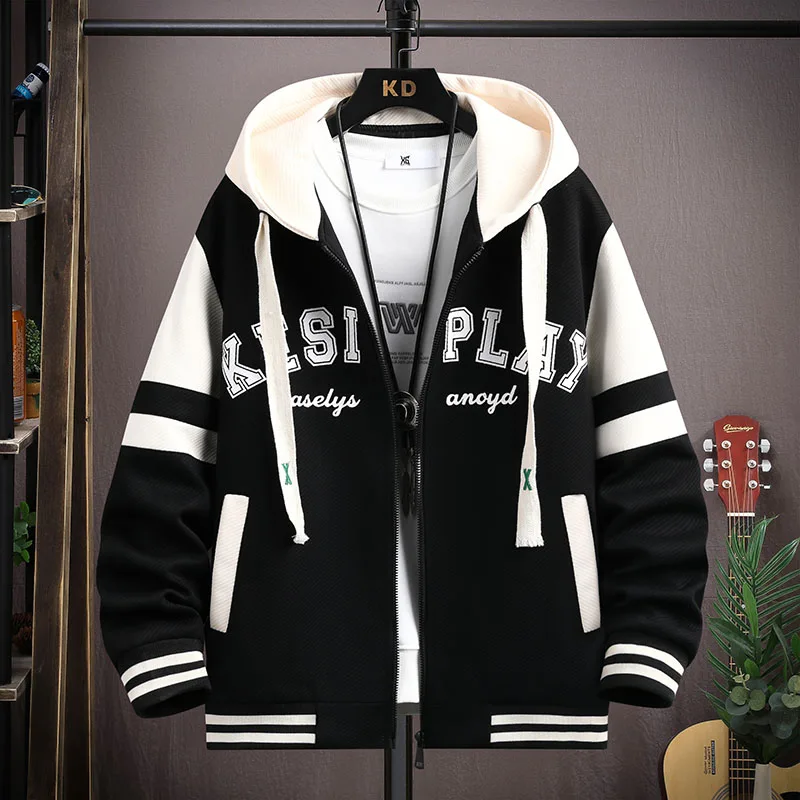 

Hooded Cardigan Sweatirt Trendy Korean Sle Boys Spring Autumn High School Students Outerwear Geometric Pattern Zipper Des...