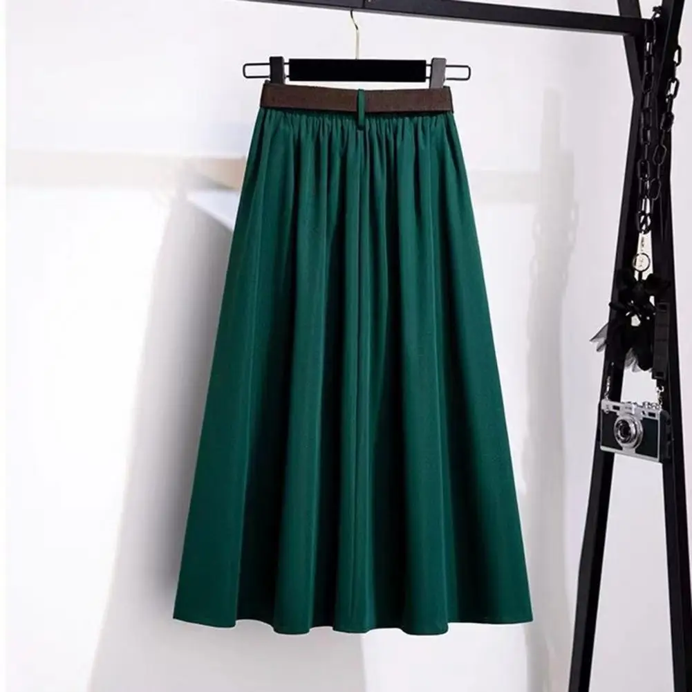 Comfortable Polyester Skirt Elegant A-line Midi Skirt with Belt High Waist Design Soft Draped Hem Women's Solid Color Breathable