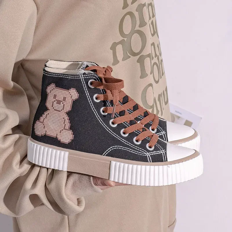 2023 Fashion Bear Canvas Sneakers Print Woman Flats Autumn Students Daily Wear Casual Korea Style Cartoon Ladies Footwear Shoes