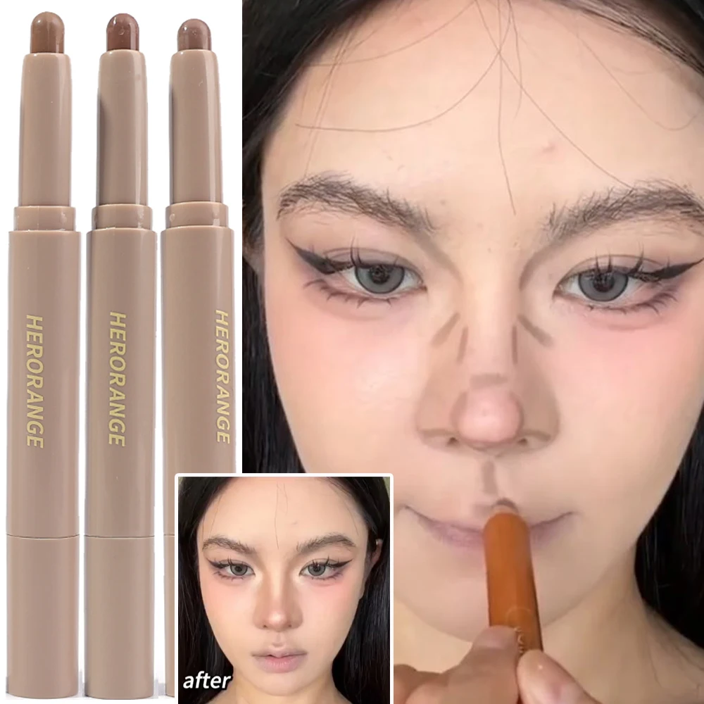 Facial Bronzer Contouring Pen with Brush Double-ended Lasting Natural Grey Brown 3D Matte Nose Shadow Contour Stick Cosmetics