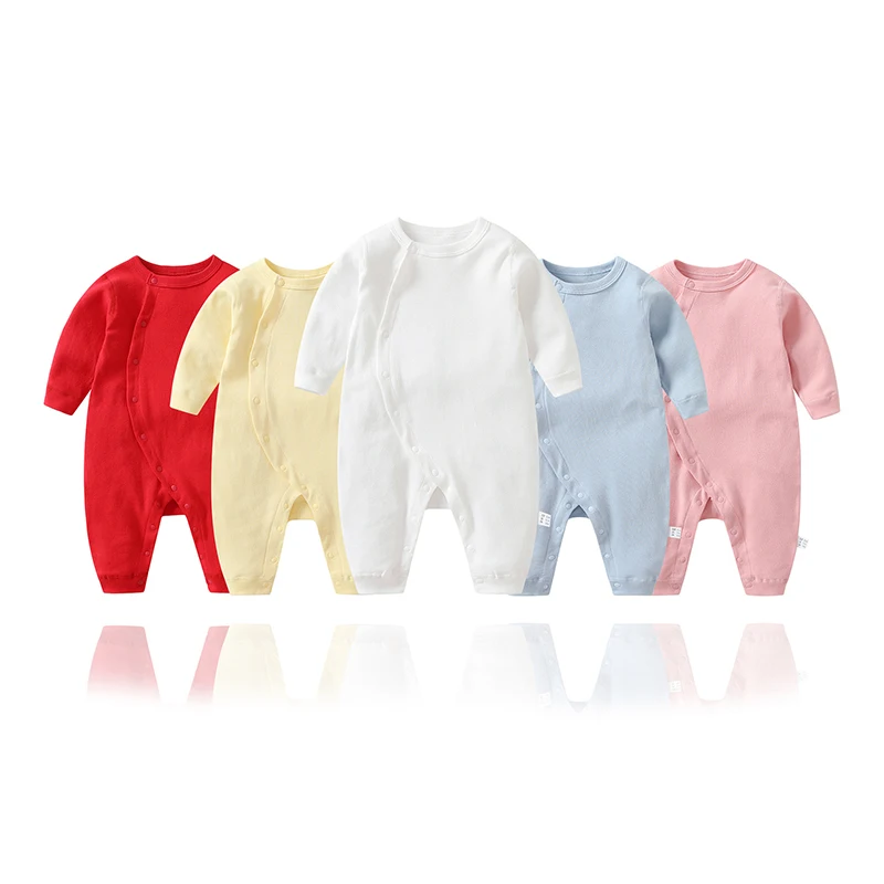 

Newborn Baby Boy Girl Clothes Long Sleeve Solid Color Sideways Opening Button Romper 100% Cotton Spring Autumn 3-18 Months