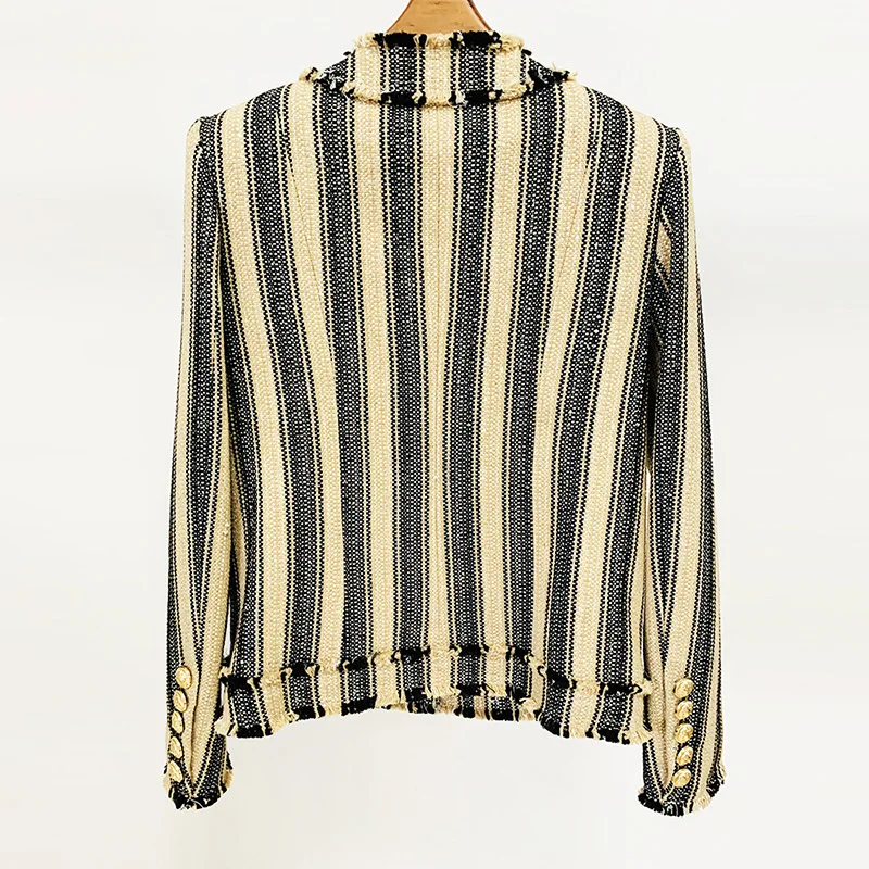 Luxury Lion Head Gold Buttons O Neck Jackets Women Long Sleeves Sequined Striped Tweed with Loose Whisker Hems New in Outwears