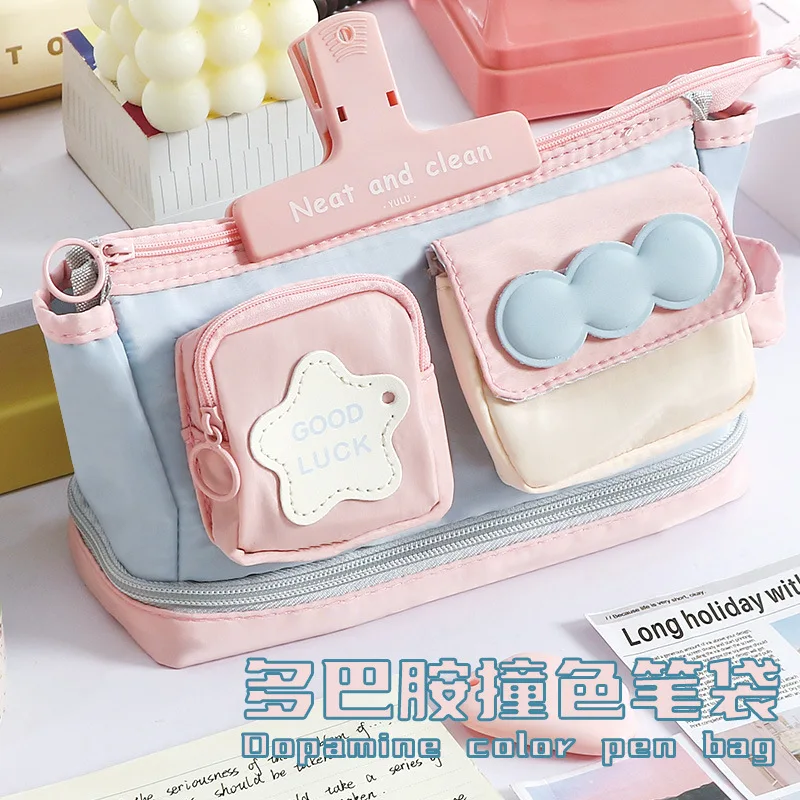 Macaron Color Pencil Case Multi‑Pocket Pencil Pouch Star Decor Hand Carry Stationery Organizer for Girls Teen School Supplies