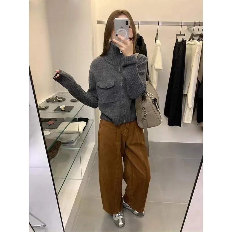 

Korean Retro Lazy Zipper Sweater Jacket Autumn and Winter Fashion High Collar Knitted Cardigan Top