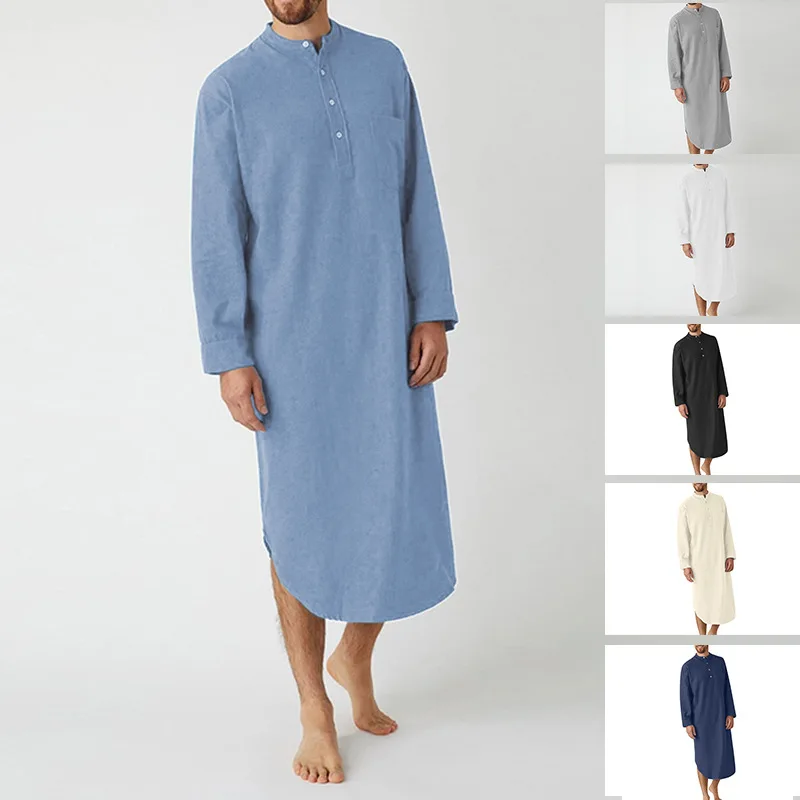 

Muslim Men's European and American Nightgown Long Sleeved Button Solid Color Arabic Shirt Men's Robe Men Solid Color Pajamas