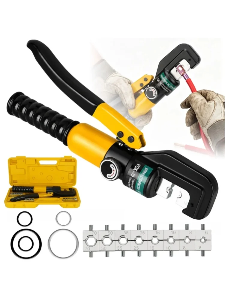 Ręczne narzędzie do zaciskania kabli, z hydraulycznym mechanizmem, w zestawie 9 matryc do zaciskania końcówek kablowych, ręczne narzędzie do zaciskania złączek i osłon kablowych. — 2