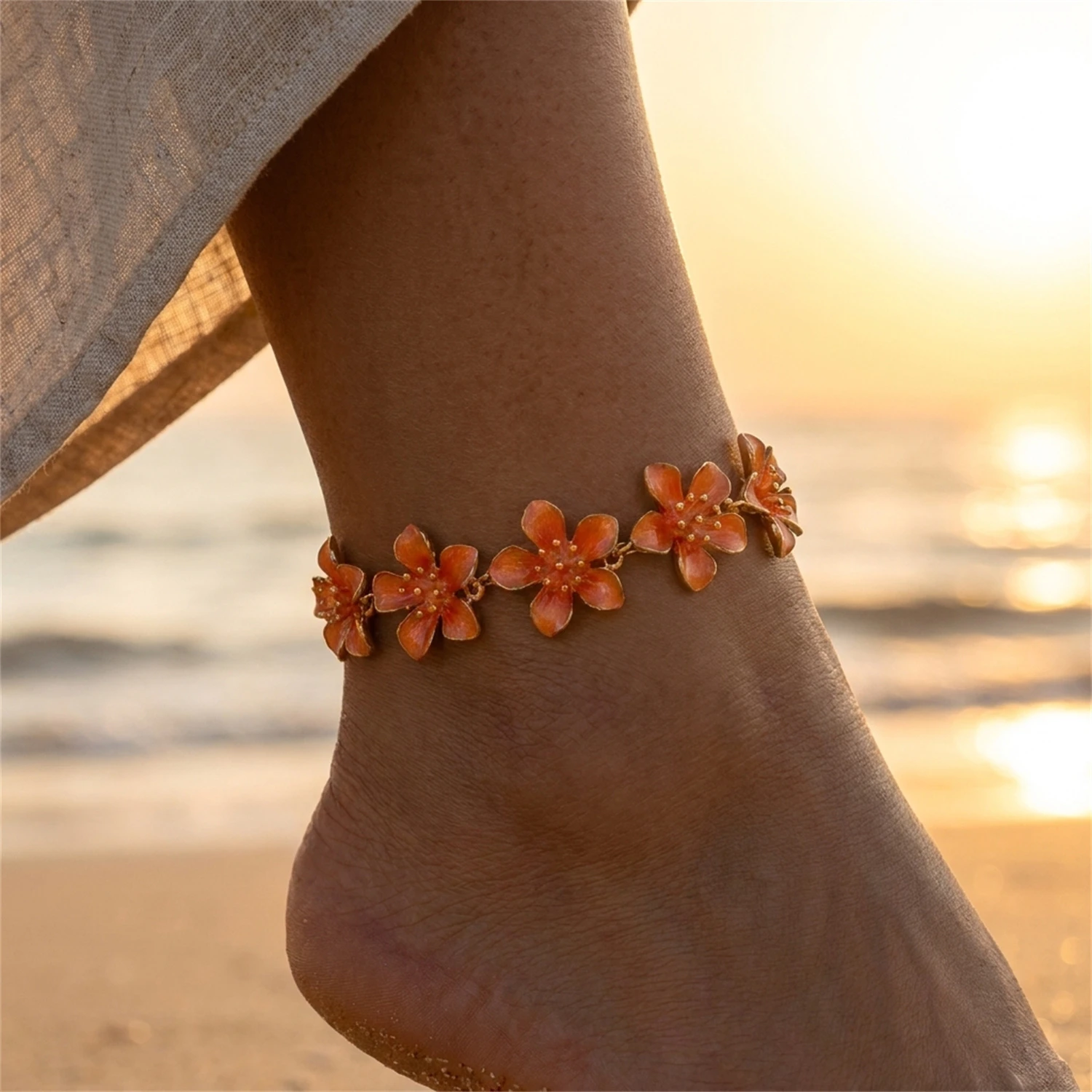 Hawaiian White Enamel Flower Anklet for Women Gold Color Tropical Beach Floral Ankle Bracelet Summer Vacation Foot Jewelry - Detail 1