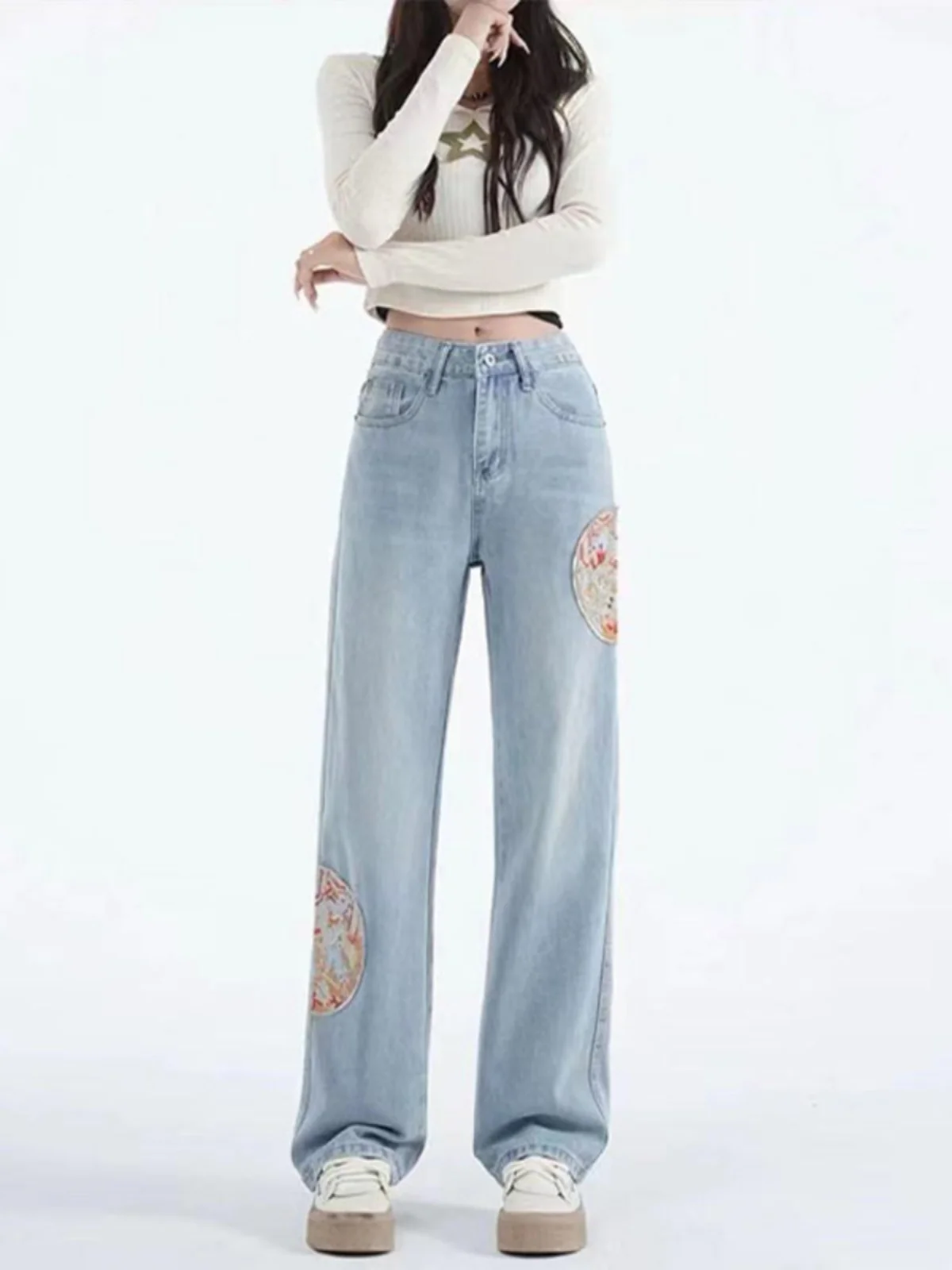 

Ele High Waist Wide Leg Embroidered Denim Jeans Women's Spring Summer New Sle Slimming Versatile Floor Length Pants