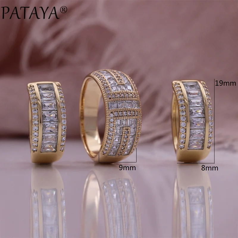 PATAYA Vintage 585 Rose Gold Color Jewelry Set Pattern Double Row Sparking Natural Zircon Wedding Earrings Ring