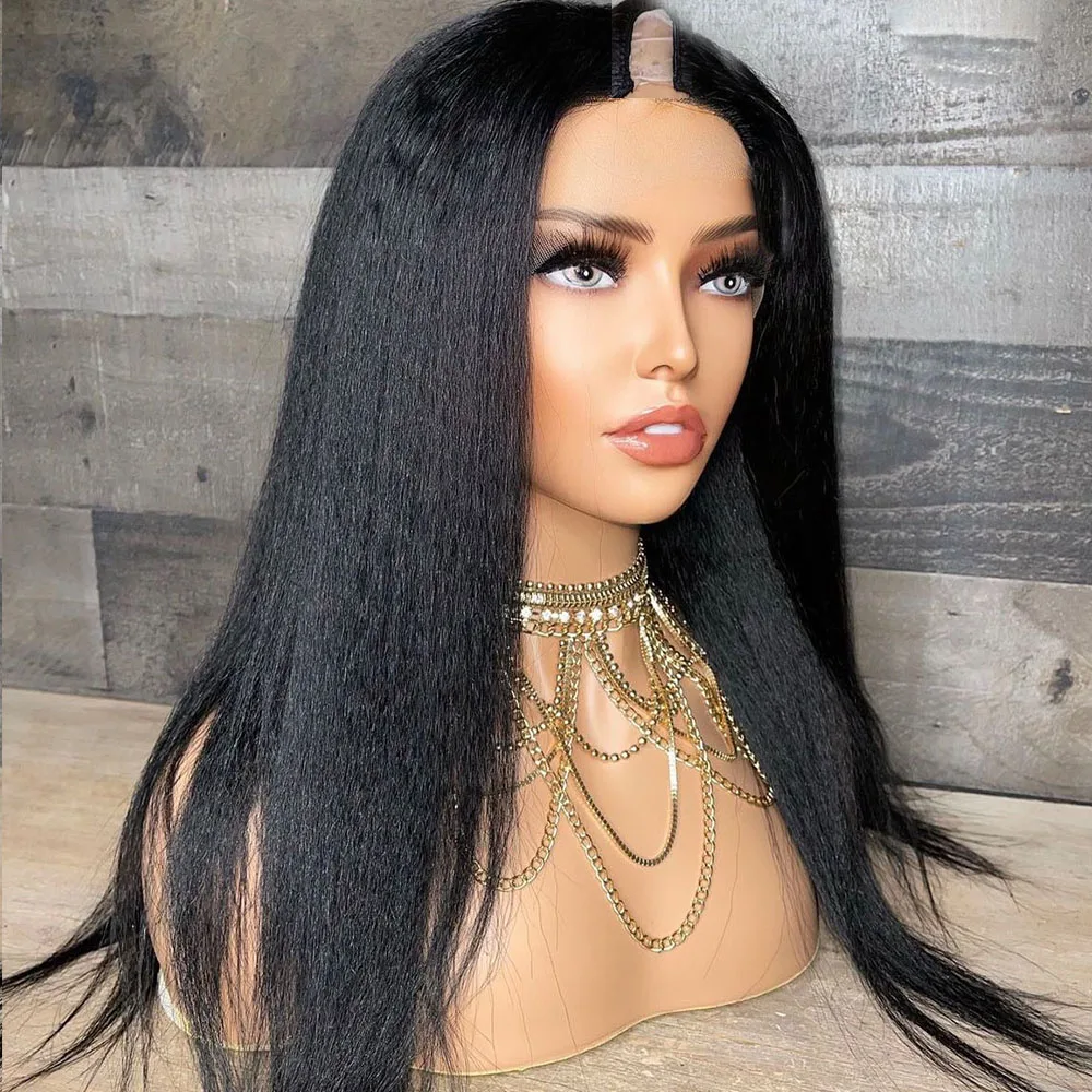 Lange 30 Zoll Yaki Straight Natürliche Schwarze Echthaar U-Part Perücken Maschinell Hergestellt Klebstofflos Einfache Installation Kinky Straight V-Part Perücken – Detail 4