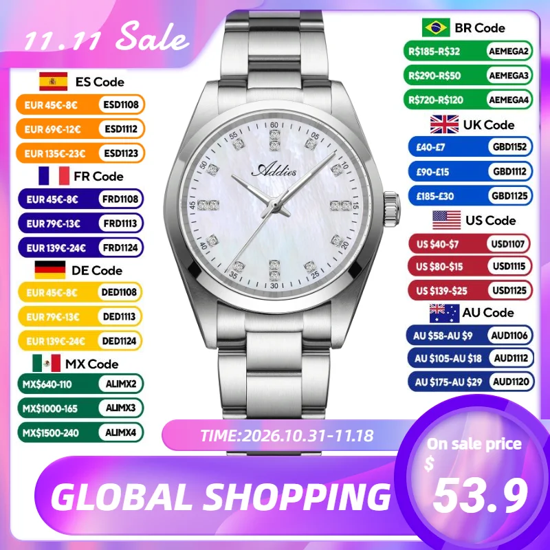 ADDIES Luxury Women's Watch 31mm Sapphire Glass Diamond Dial 316L Stainless Steel Japan Quartz Ladies Business Dress Wristwatch