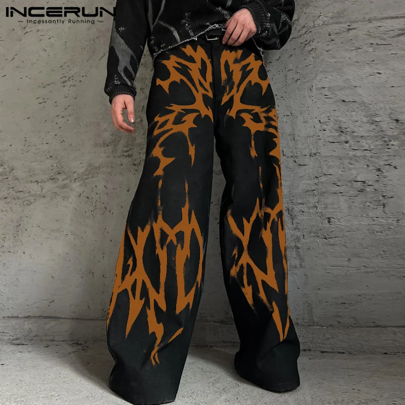 2024 Casual Printing Wide Leg Trousers INCERUN Men Street Fashion Loose Long Pants Gradient Pattern Handsome Button Male Bottoms