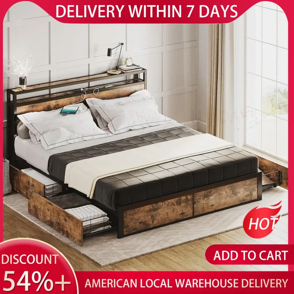 Queen Bed Frame with Storage Drawer, 2-Tier Storage Headboard,Charging Station,No Box Spring Needed,Vintage Brown Bed Bases.
