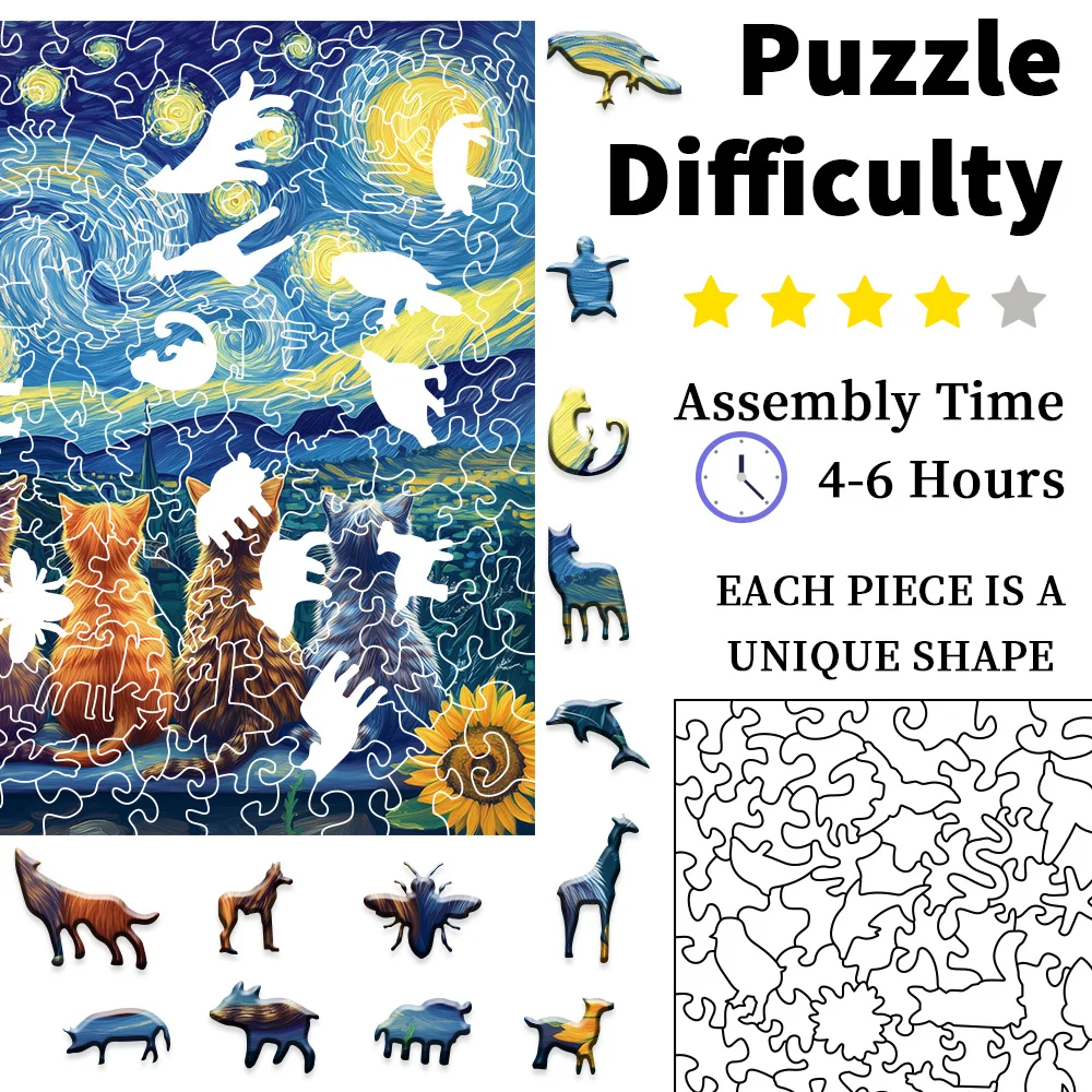 A Starry Sky Cat Wooden Irregular Puzzle for Adults - Stress relieving Challenge Magic Puzzle Intelligence Game - Christmas Gift