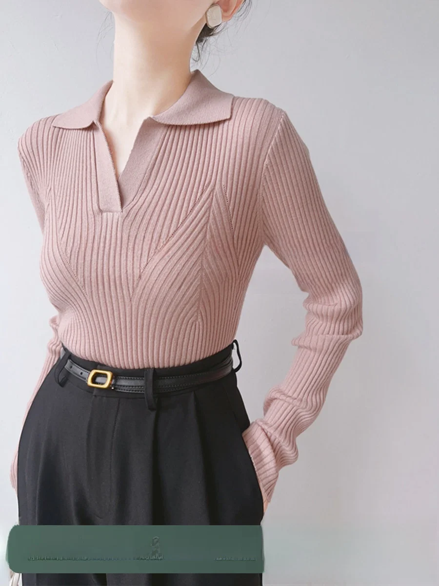 

XALI Pink Ne Knitted Sweater Women's Long Sve Slim Fit V-Ne Spring Autumn Soft Ele Sle Commute Faion