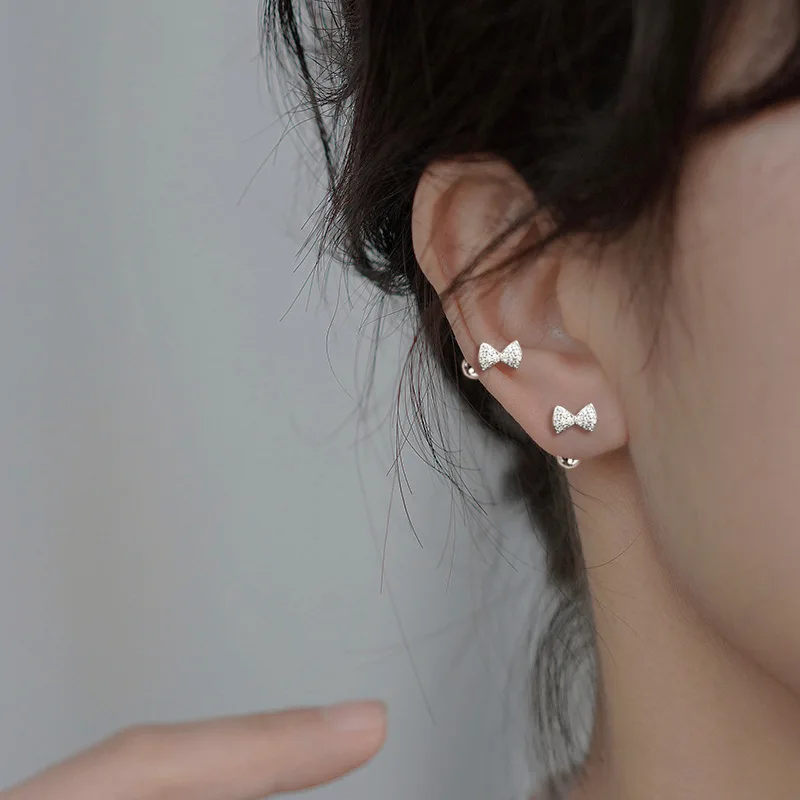 (HS)1Pc Charming Small Bow Stud Earrings For Women Exquisite Pin Screw Ball Cute Ear Bone Studs Fashion Trend Girl's Ear Jewelry