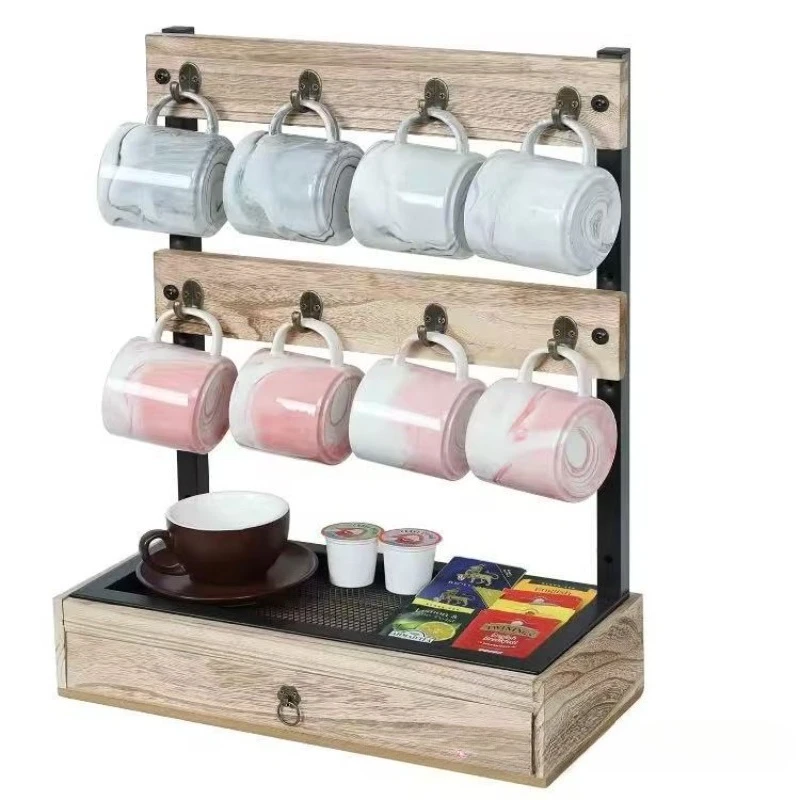 

Wooden country style desktop coffee cup holder, wall-mounted mug display stand