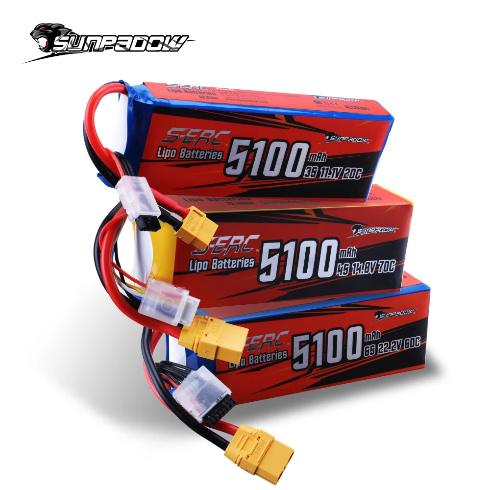 Sunpadow RC 3S 4S 6S Lipo Battery 5100mAh for 11.1V 14.8V 22.2V with XT60 XT90 Plug For Rcing Airplane Drone FPV Helicopter