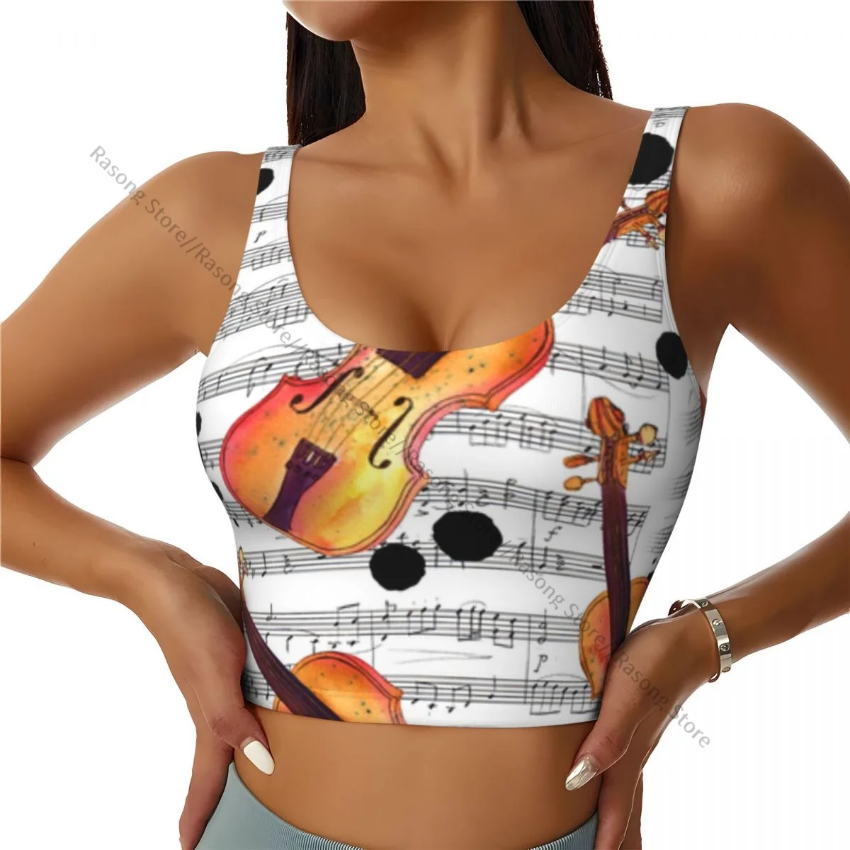 Yoga Vest Women Gym Sports Crop Tops Watercolor Violins On Sheet Music Streetwear Workout Breathable Tank Top Female