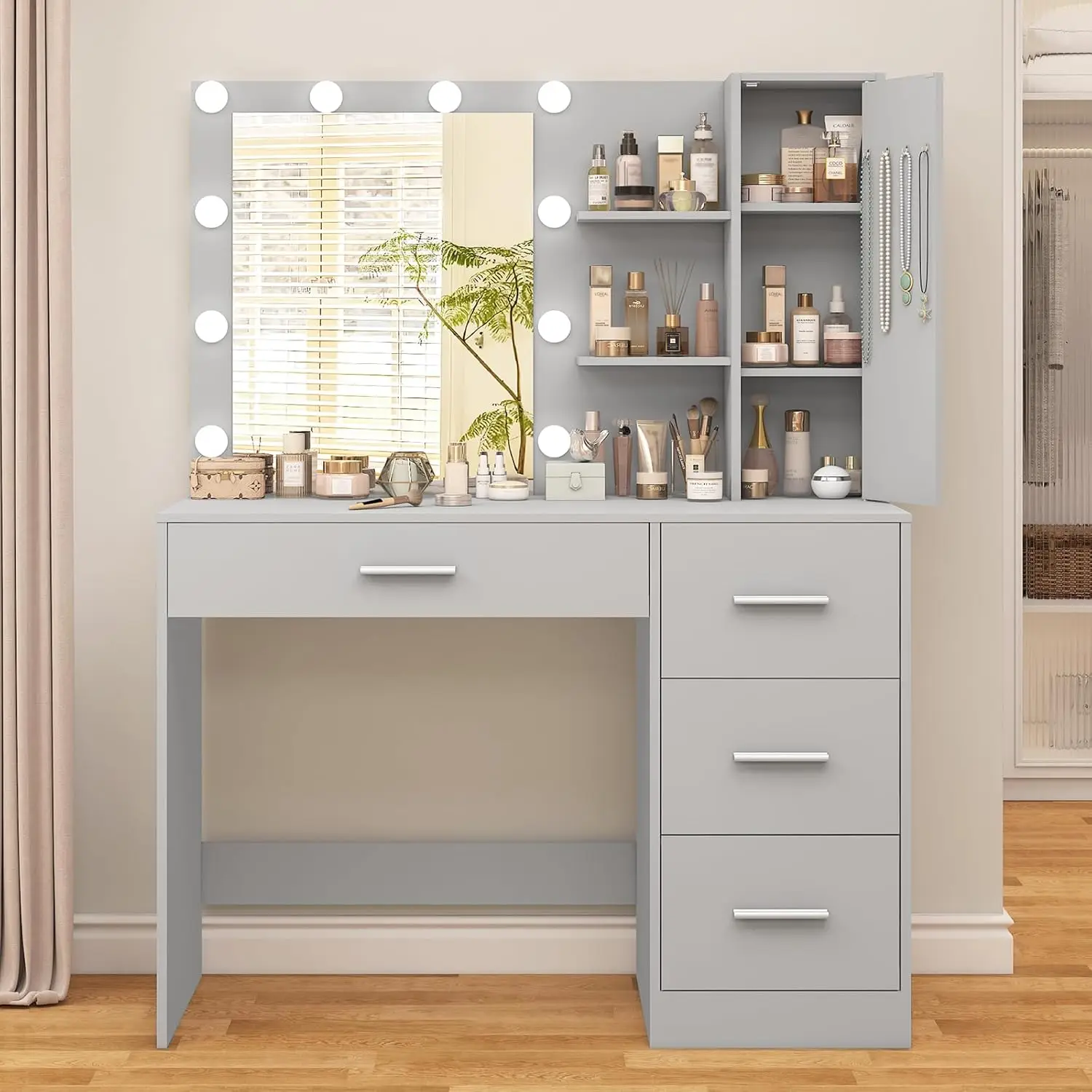 usikey Makeup Vanity with Lights, Vanity Desk with Mirror and 10 LED Lights, Vanity Table Set with 4 Drawers, Cabinet & 4 Neckla